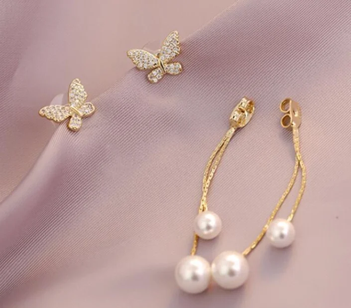 Wanmei-erhuan Crystal Imitation Pearls Moon 925 Silver Needle Stud Earrings For Girls Best Friend Korean Style Jewelry 