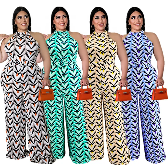 

2022 Summer Women Jumpsuits Rompers Lady Plus Size Wide Leg Pants Jumpsuits Fashion Printed Halter Elegant Office Wear