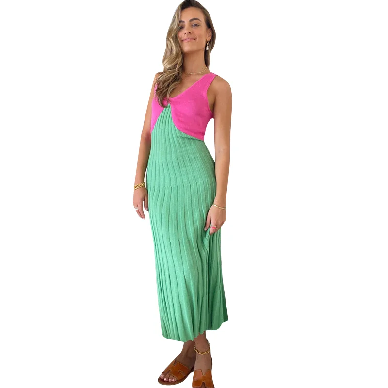 

Summer 2022 new arrivals knitted women casual long contrast color sweater casual deep V neck knit dresses