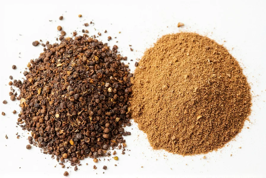 Close-up comparison of different pepper grinds showing pepper meal texture between cracked pepper and fine ground pepper