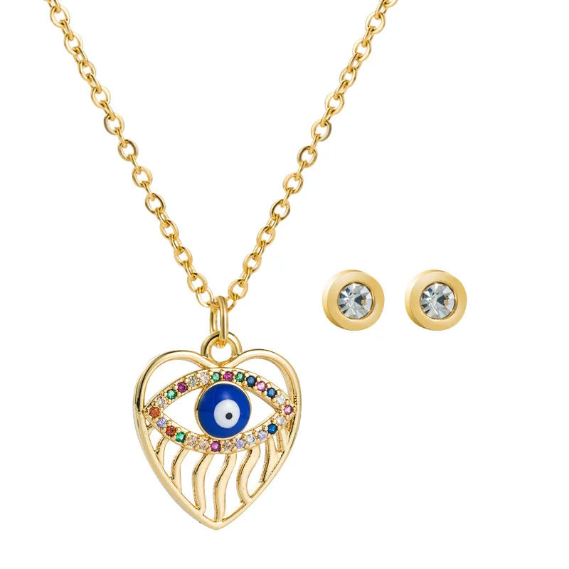 

European Hot 18K Gold Plated Micro Pave CZ Evil Eyes Necklace Set Turkish Blue Eye Jewelry Set Colorful CZ Heart Necklaces Set