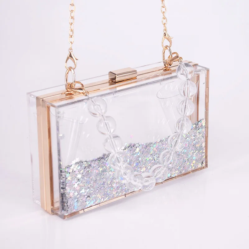 

Transparent quicksand liquid small square bag for dinner portable beads acrylic square box bag