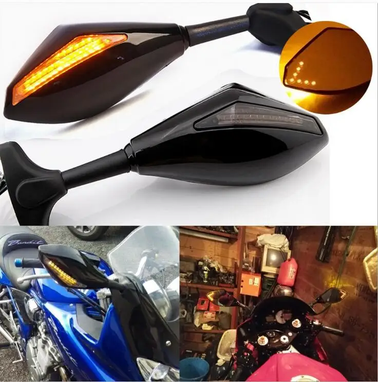 Motorcycle Black Led Integrated Turn Signal Rear View Mirror Side