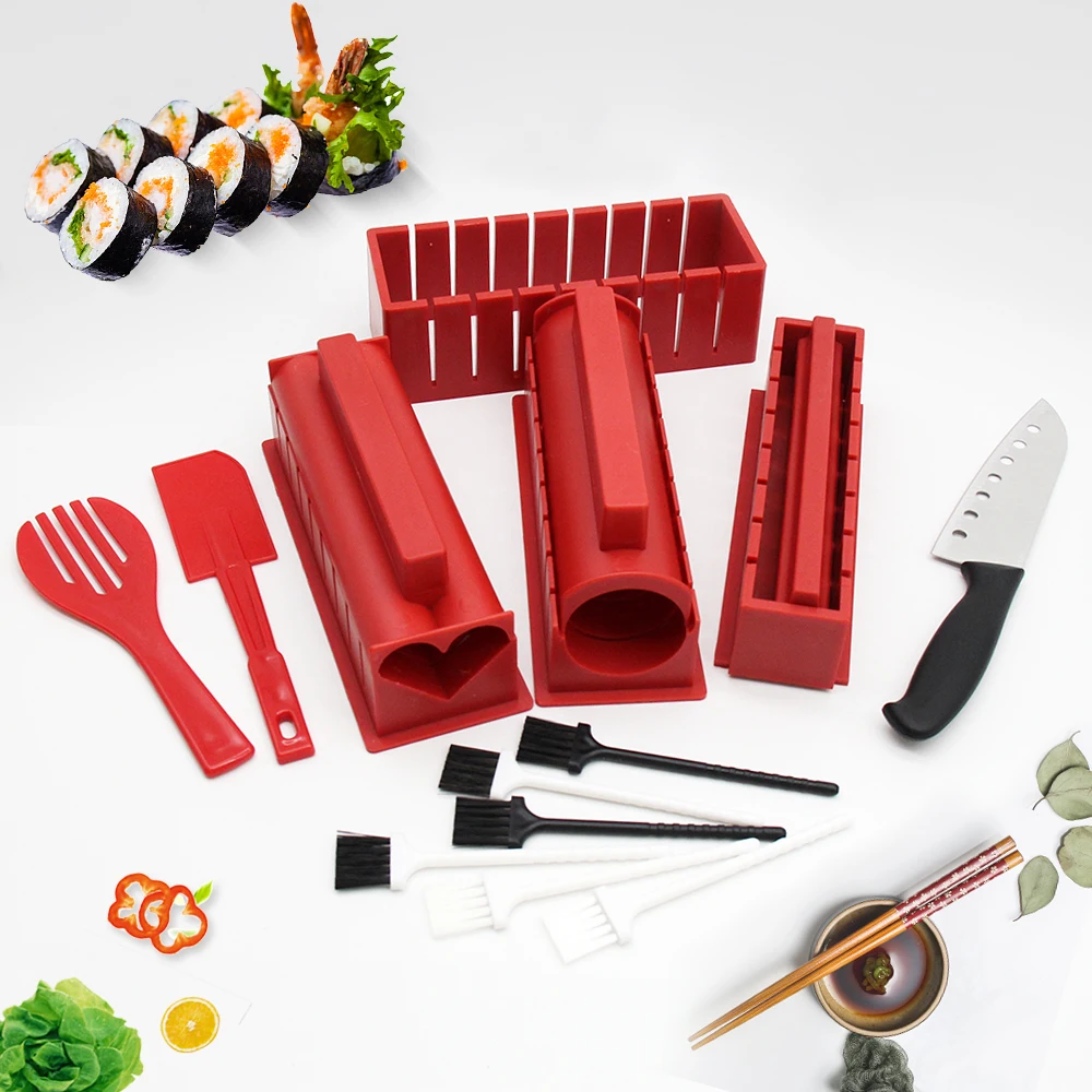 

17Pcs/Set Sushi Maker Equipment Kit Japanese Rice Ball Cake Roll Mold Sushi Tools Set Sushi Making Machine With Brush, Red