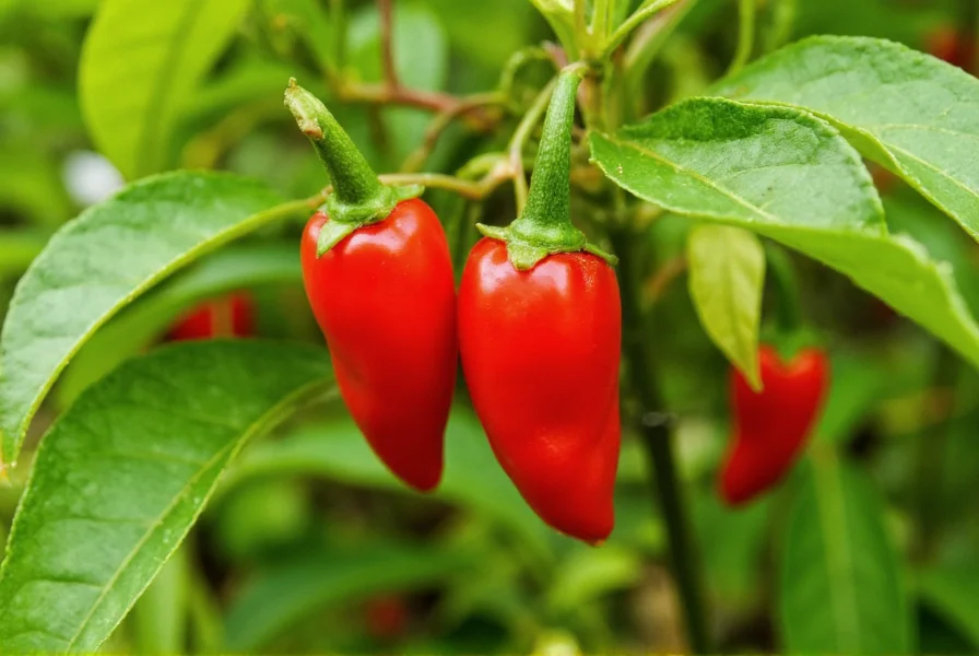 Close-up photograph of ripe red Bhut Jolokia peppers growing on plant in tropical climate
