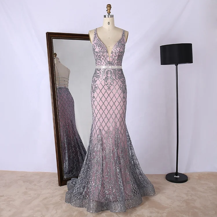 

Sexy Open Back Sparkle Fabric Mermaid Deep V Neck Prom Dress