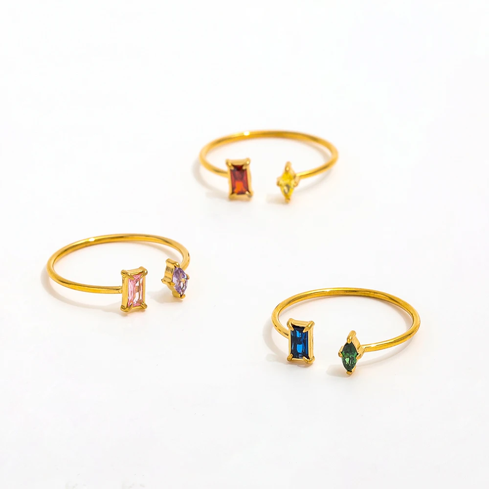 High End Women's Stainless Steel Rings 18K Gold PVD Abstract Colorful Zirconia Open Design Trendy Style-Tarnish Free Jewelry