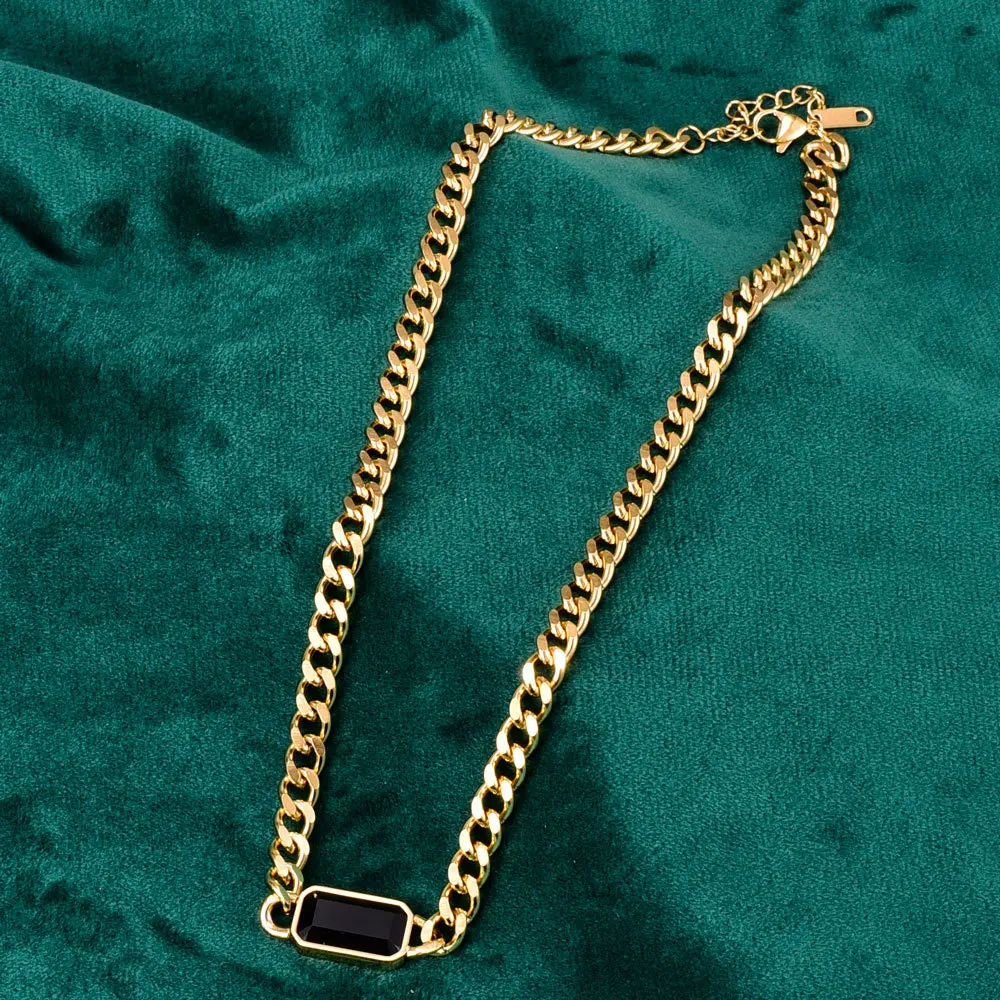 

Hips Hops 18k Gold Plated Chunky Link Chain Necklace Black Square Pendant Titanium Steel Necklace