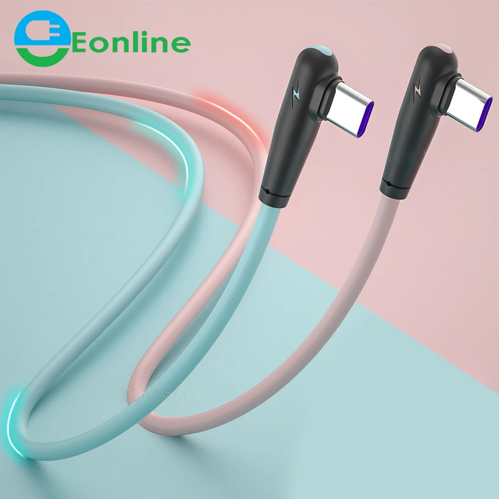 

5A Soft Silicone USB C Cable 90 Degree Fast Charger USB Type C Cable for Huawei Mate Xiaomi Mi 11 Ultra Mobile Phone USB-C Cord, Blue/pink/yellow