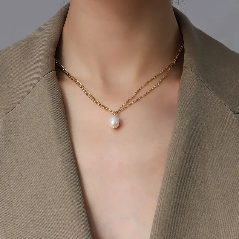 

Ins 18K Gold Plated Pearl Choker Necklace Stainless Steel Double Layered Chain Freshwater Pearl Necklace