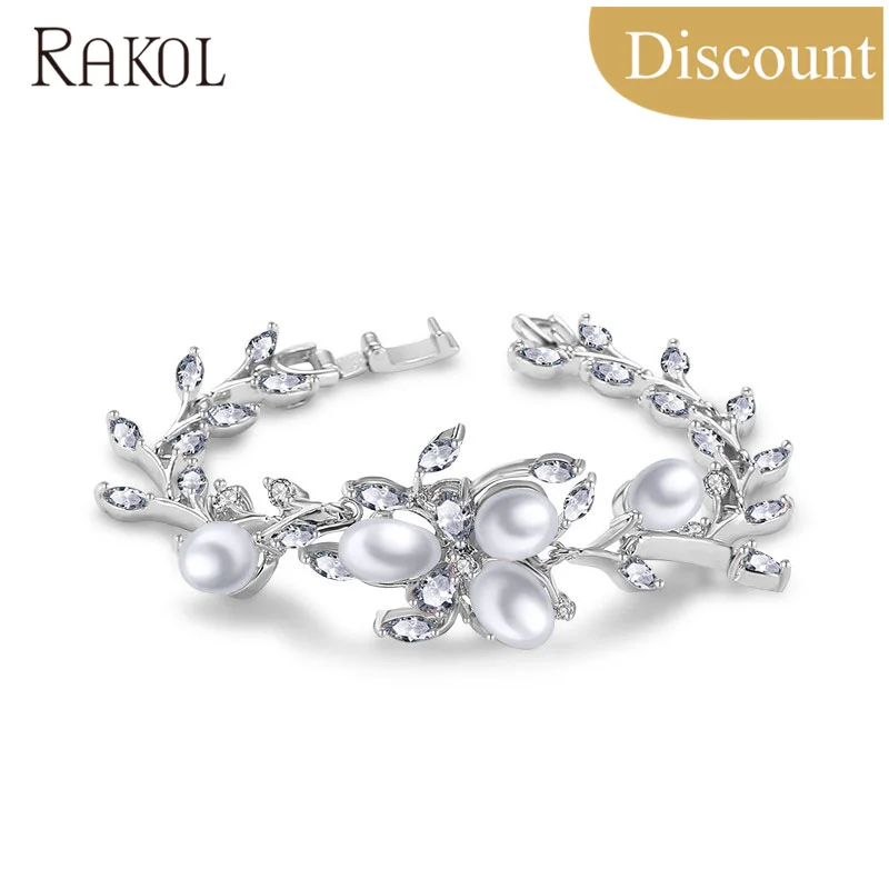 

RAKOL B020 luxury silver fresh water pearl zircon copper indian bangles B020, As picture
