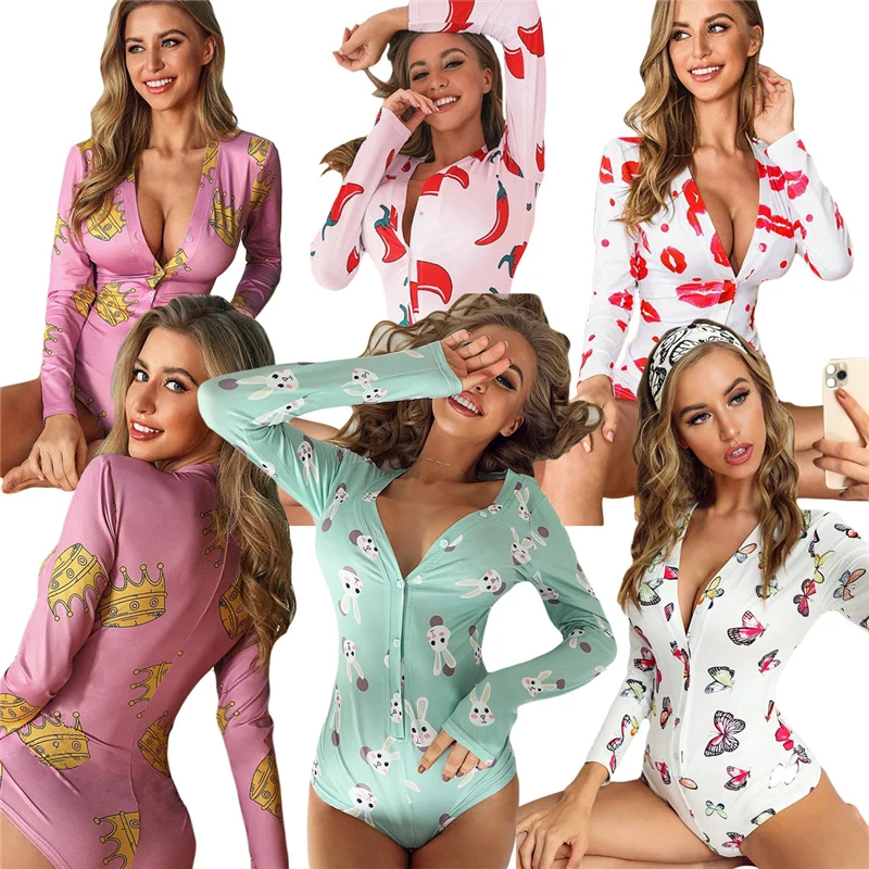

Women Rompers Elastic Cartoon Mouth Butterfly Print Long Sleeve Skinny Jumpsuit Night Club Sexy Party Beach Home Bodysuits
