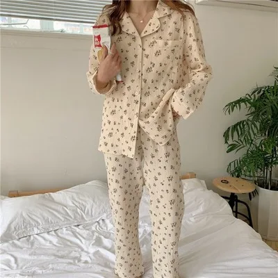 

30% off autumn winter vintage floral print crepe two piece set sleepwear women pajamas long sleeve shirts pants home set