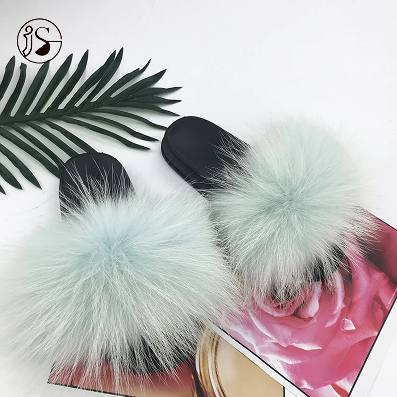 

2021 Hot sales furry sandals Exquisite real big raccoon fur slippers Plush Various Styles fur slides for ladies, Picture