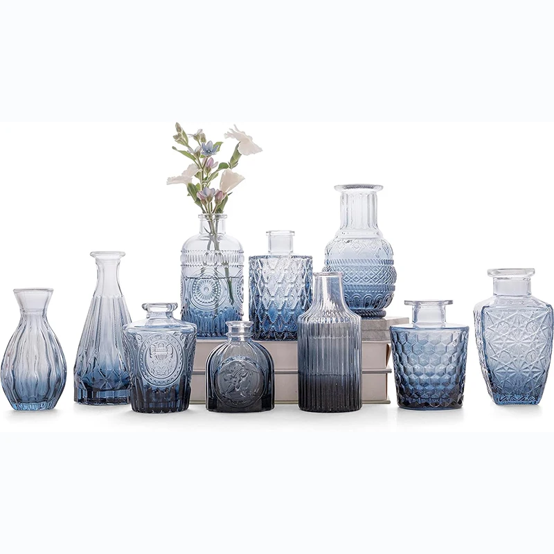 Wholesale Blue Glass Table Vases Decoration Flower Bottle Vases Wedding Art Deco Bud Vase 30pcs Set Wedding Glassware 200pcs
