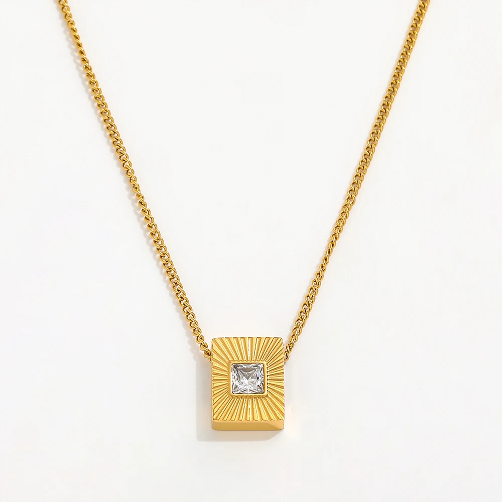 JOOLIM High End Stainless Steel Zirconia Rectangle Burst Necklace 18K Gold Plated Jewelry Wholesale