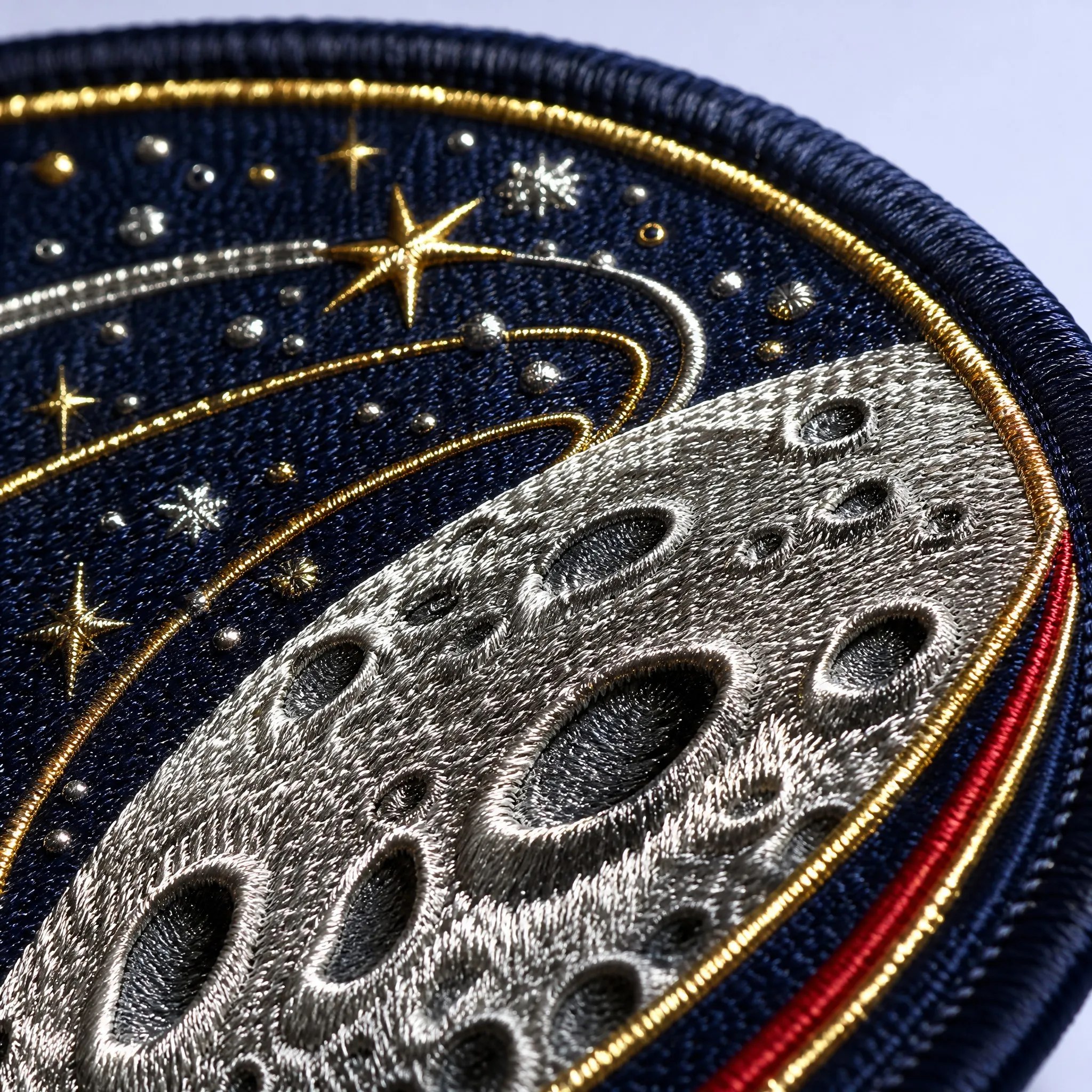4K Extreme Macro Close-up of 3D Textured Metallic Silver Moon Craters with Metallic Gold Comet Trail and Navy Merrowed Edge