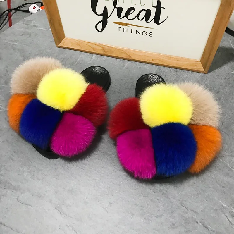 

2021 factory direct sales large fuzzy fur stable quality soft jelly color ball leather slippers, Customized color