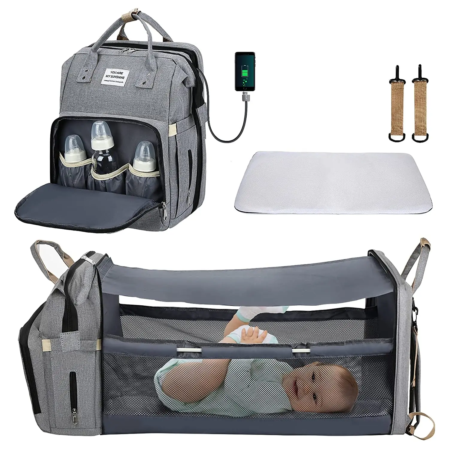 

Dropshipping convertible diaper bag 3 in 1 diaper bag backpack with changing station diaper travel bag, Gray color or custom