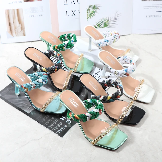 

The new 2021 summer metal chain comfortable women's shoes Square toe toe with thin heels high Size Slippers, Red silver blue