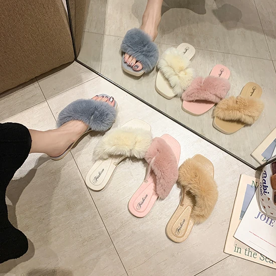 

2020 sandals shoes women fashion ladies winter plush slipper fluffy non-slip flip-flops women faux fur slippers, Gray, beige, dark khaki, light khaki, pink, black, green