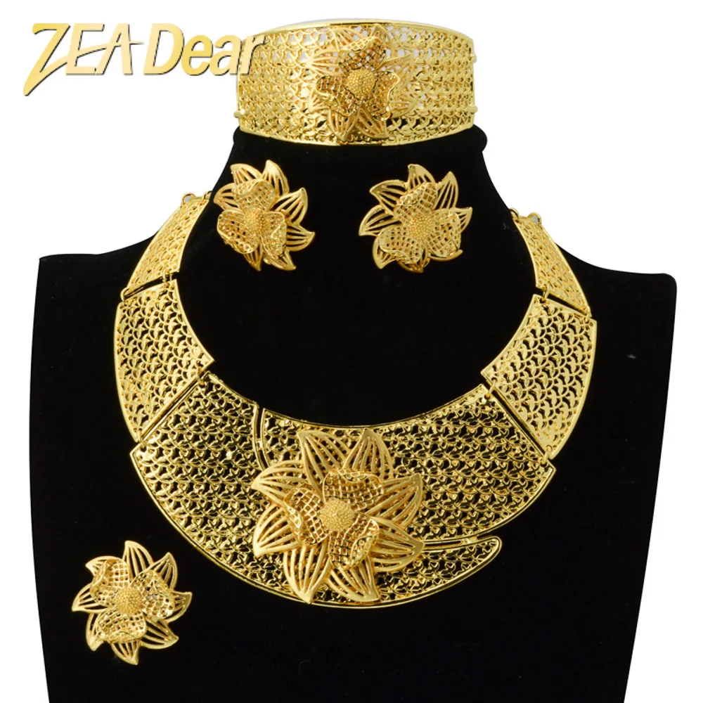 

Gold 18K dubai jewelry sets gold plated necklace Floral Bridal 4Pcs Big Fashion Luxury Africa Jewelry Set