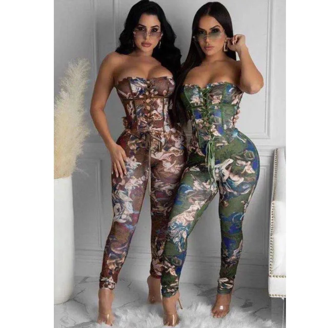 

2021 Breathable Totem Printed Summer Casual Oem Logo sexy Women lucky label Jumpsuits