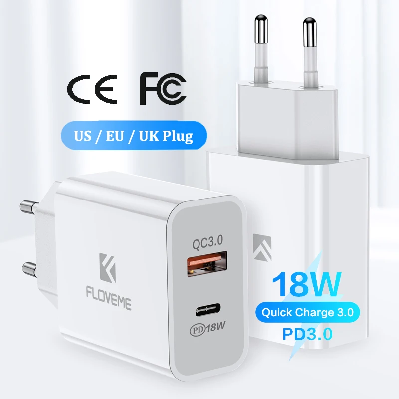 

Free Shipping 1 Sample OK FLOVEME US / EU Plug QC 3.0 PD 18W Wall Charger For iPhone 12 With CE FCC Certification