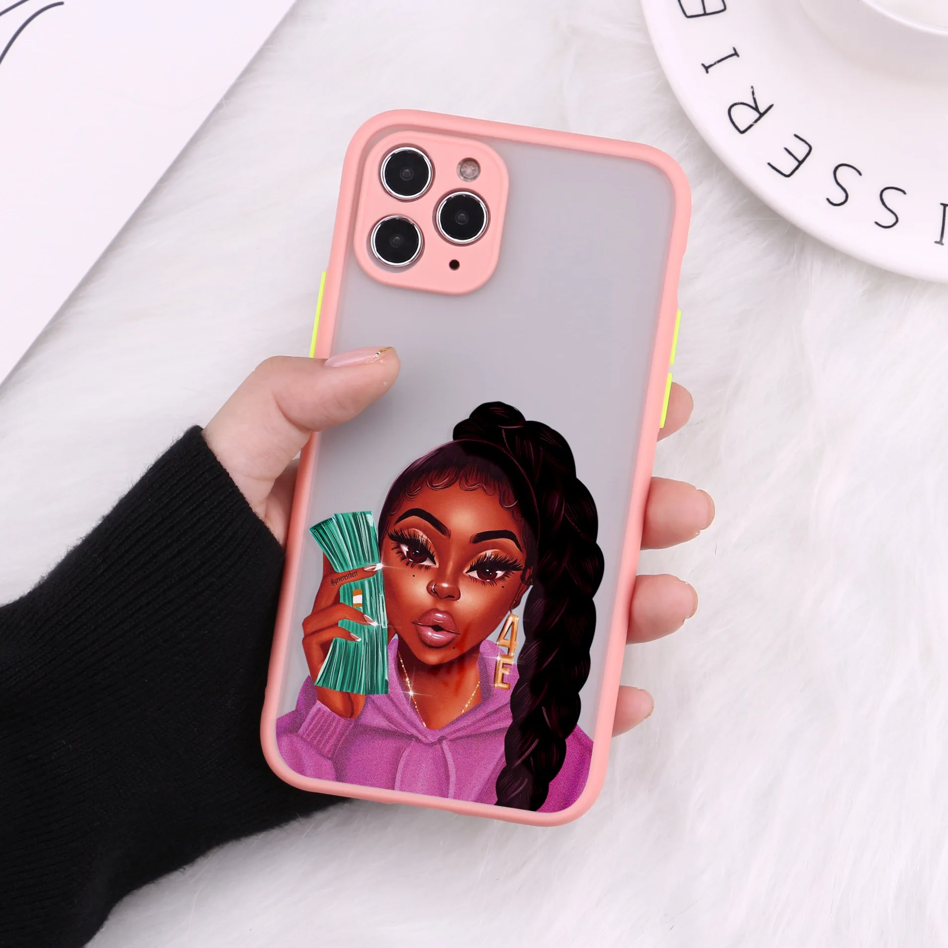 

Wholesale Soft Tpu Cartoon Painting Shockproof Silicone Pink Black Girl Phone Case For Iphone 13 12 11 Pro Xs Max, Multi