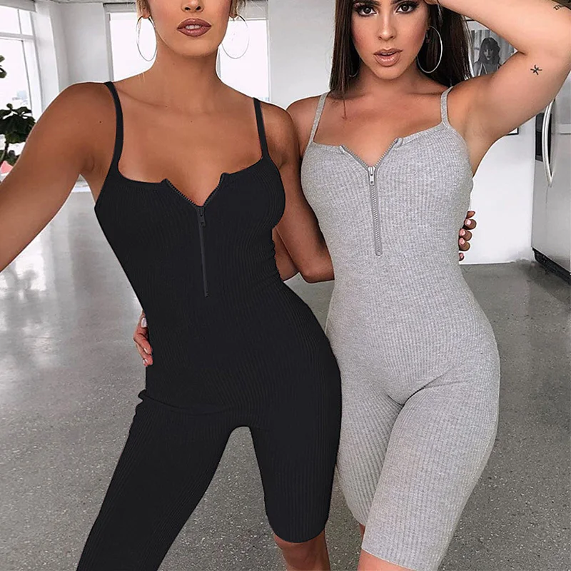 

Women Sleeveless Zipper Front Knit Rib Cotton jumpsuit pajamas Romper ribbed adult onesie, Gray, brown