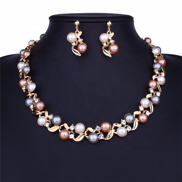 

Women Wedding bridal Jewelry Sets Pearl Necklace Hoop Earrings Fashion Jewellery Set, Picture