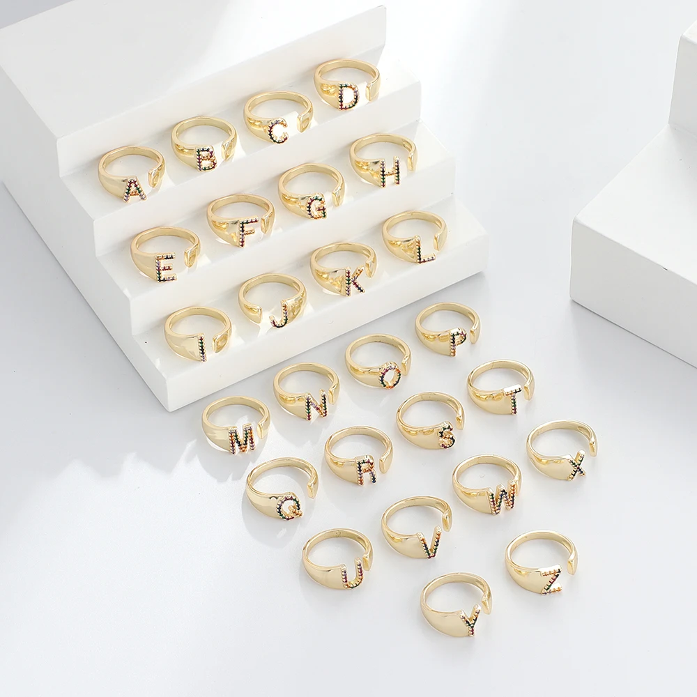 

Initial Ring A to Z Gold Plated Letter Ring For Women Girls, rainbow zircon adjustable rings jewelry, Picture shows