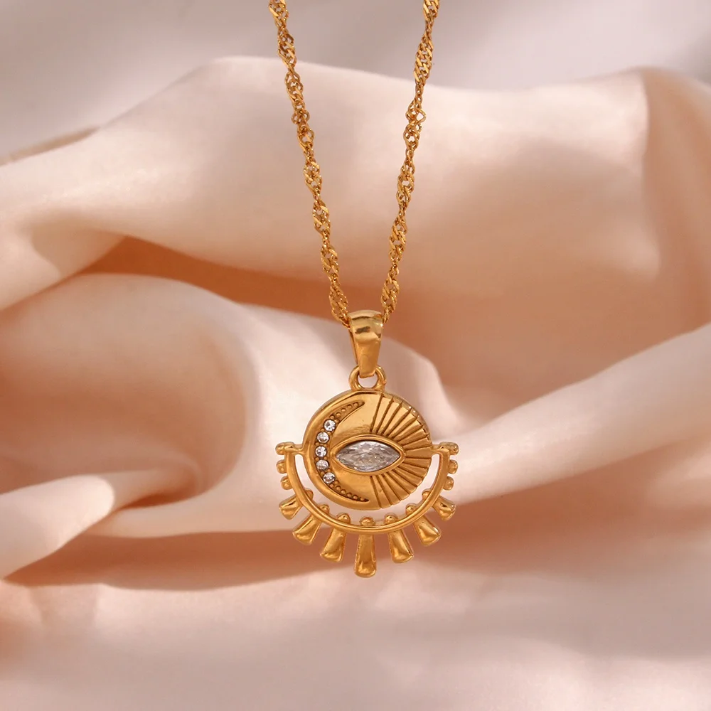 Vintage 18k Gold Plated Stainless Steel Necklace Shining Zircon Eye Water Drop Pendant Necklace