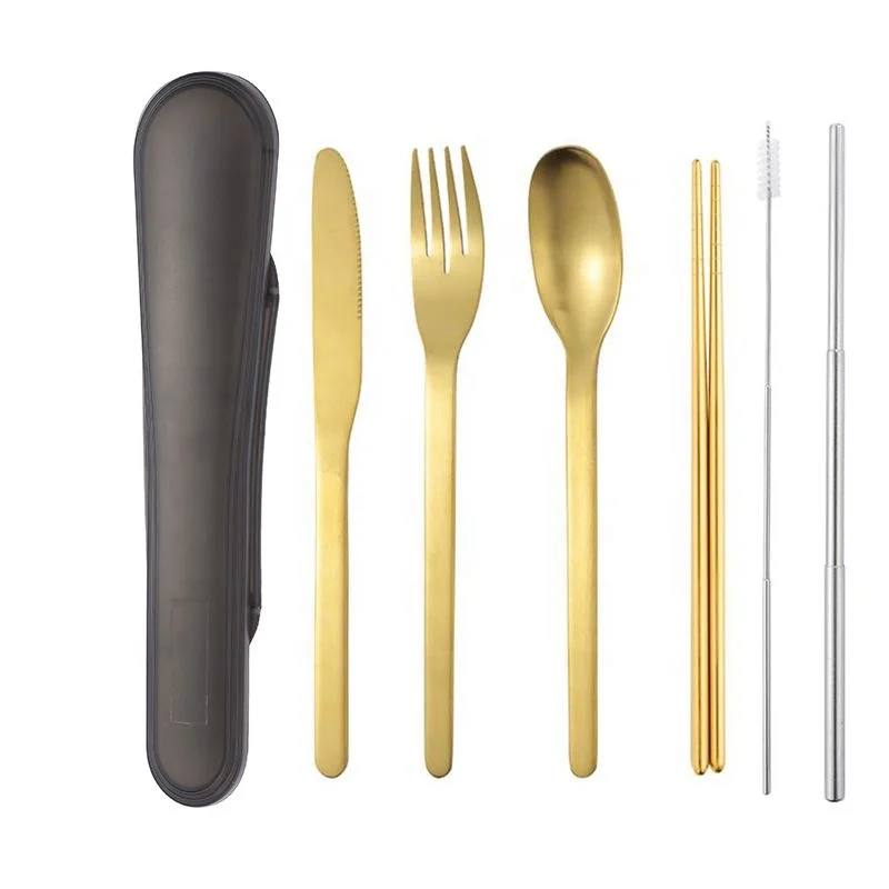 

Portable Gold Cutlery Set For Camping Traveling School Stainless Steel Knife Fork Spoon Chopsticks Straw FlatwareSet