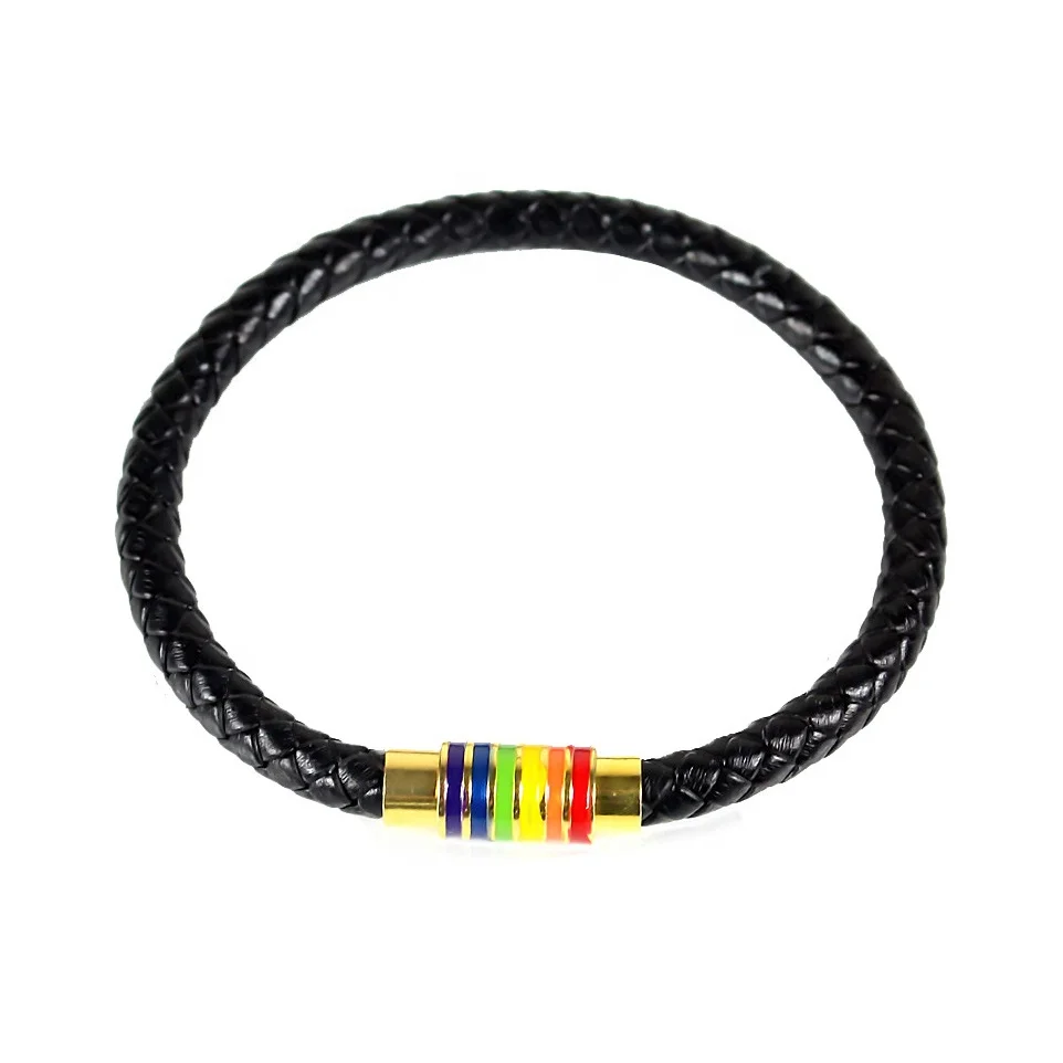 

Stainless Steel Magnet Rainbow LGBT Gay Lesbians Pride Titanium Braided Bracelet PU Leather Rainbow Bracelet, Customized color