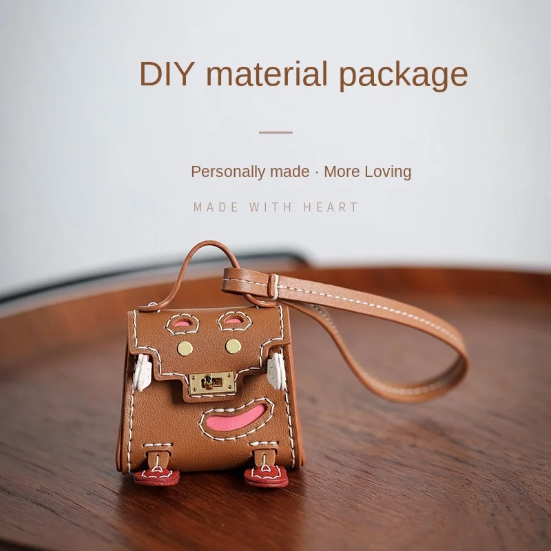 

Diy Hand-stitched Doll Bag Mini Smiley Face Bag Ornaments Real Cowhide Woven Self-made Material Bag