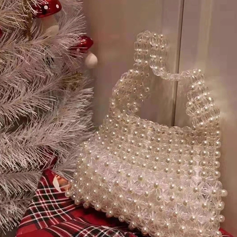 
Antique Summer Handmade Knitted Sweet Crystal Bag Purse Faux Pearl Beaded Evening Bag Wedding Bridal Party Handbag for Women Bag 