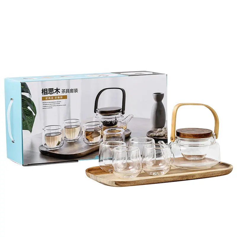 

Best mother day luxury gift Japanese Style glass teapot glassware Tea Set With Wood Tray