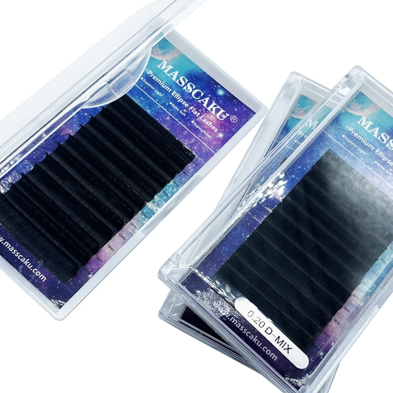 

MASSCAKU flat 0.20 0.15 thickness super soft matte 12 rows custom packaging dark ellipse eyelash extension flat lashes, Black