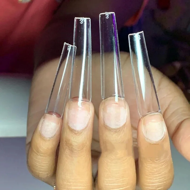 

2021 New Arrival Long Square French Nail Art Fingernails Tip No c curve coffin xxl nail tips, Natural, clear