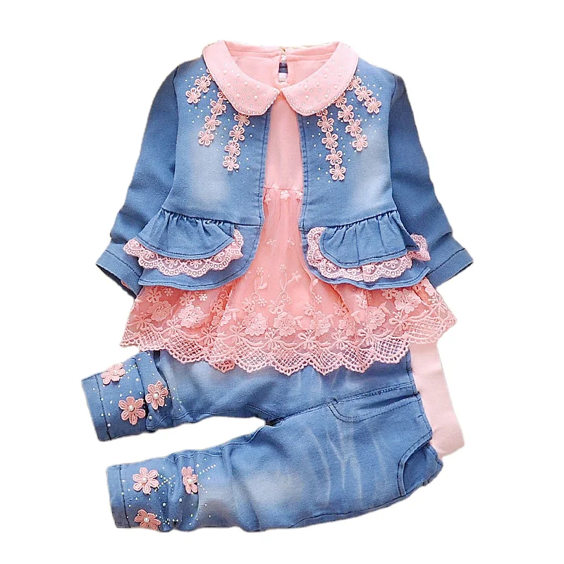 

Hot Sale Elegant floral lace 3 pieces girls dress jeans clothing sets cotton newborn baby girls clothes set