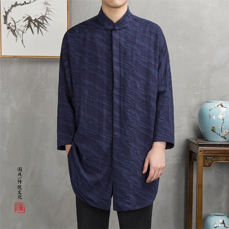 

2021 Chinese men fashion shirt linen jacquard medium length men long sleeve shirt high quality shirt men