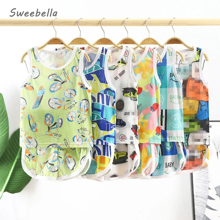 

2022 new cute children's vest suit thin section mesh sleeveless shorts two-piece cartoon cotton home service summer pajamas