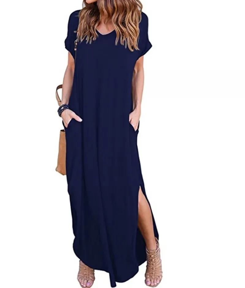 

2019 Fjun Women Summer Solide color Lady Dress Casual Loose Pocket Short Sleeve Long Dress with V neck Split Max, Shown