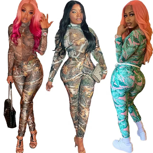 

GX0534 Wholesale 2021 new arrivals jumpsuit sexy leaf printing spring women mesh one piece fitness jumpsuit, Picture