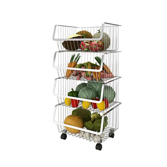 

High Quality White 4 Tier Stackable Fruit Basket For Kitchen Large Metal Baskets Organizing