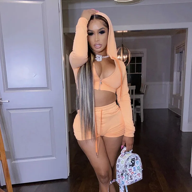 

S-XL In Stock Women Biker Short Sets 2 Piece Set Clothing Zipper Hoodie Women Crop Tops Two Piece Set Clothing