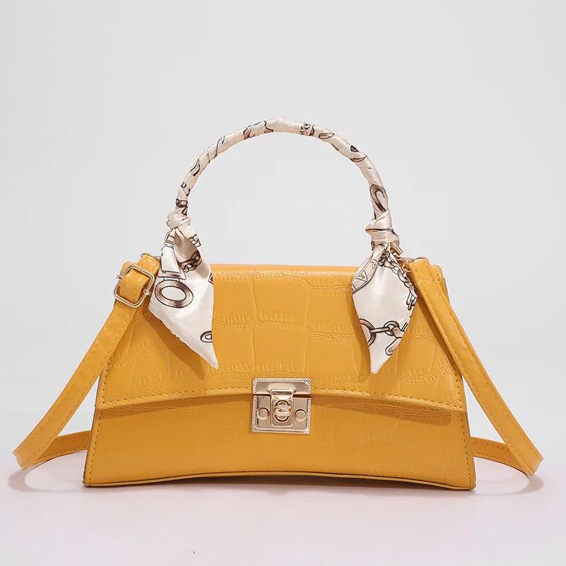 

New Fashion Luxury Shoulder Bag with Silk Scarf China Wholesale PU Women Hand Bag Western Style Stone Pattern Handbags, White,yellow,blue,black,orange