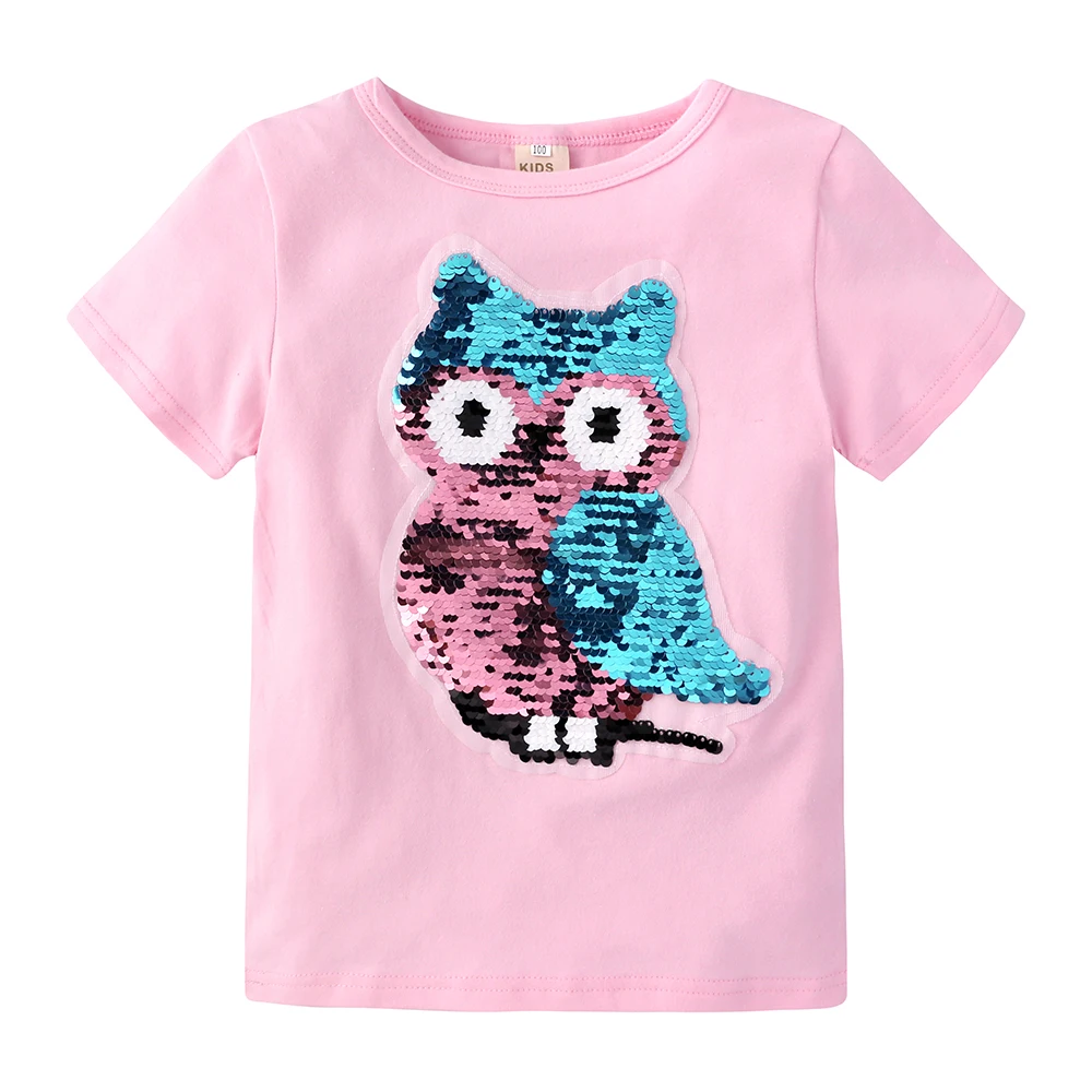 

Kids Tee Girls short sleeve T-shirt magic Reversible sequin cartoon print wholesale tops for children, As picture