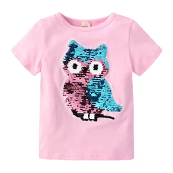 Kids Tee Girls short sleeve T-shirt magic Reversible sequin cartoon print wholesale tops for children